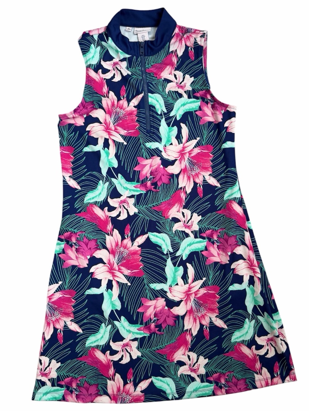 Tommy Bahama Navy Floral Zip-Front Sleeveless Dress Racquet/Paddle